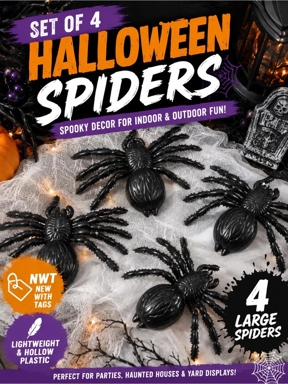 Large Black Plastic Halloween Spiders Spooky Decor Bundle, NWT Set of 4